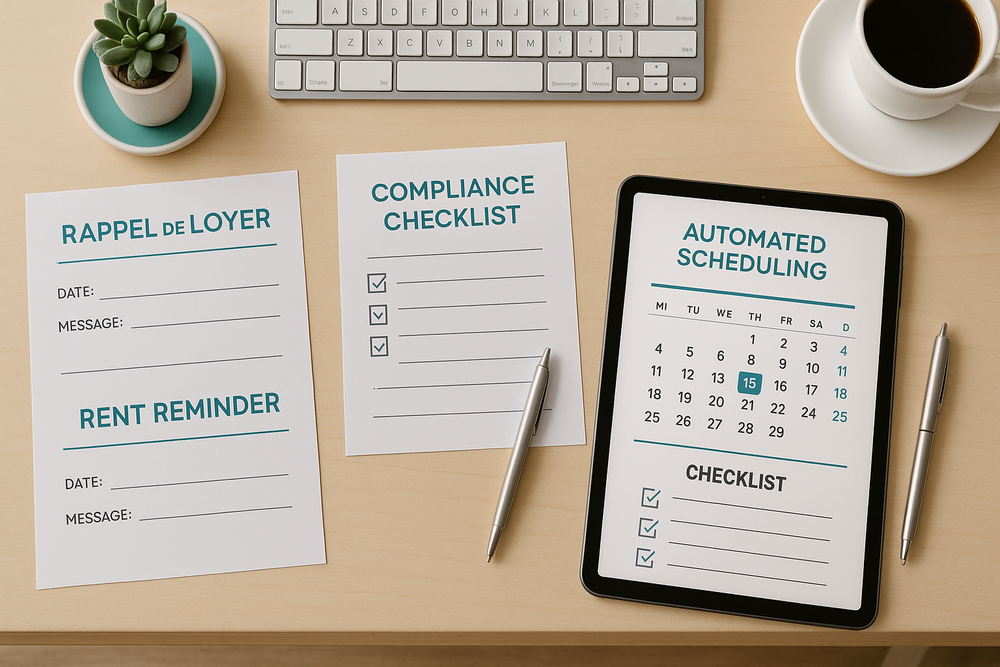 Flat lay of bilingual rent reminder templates, automated scheduling tablet with calendar, and compliance checklist on a desk
