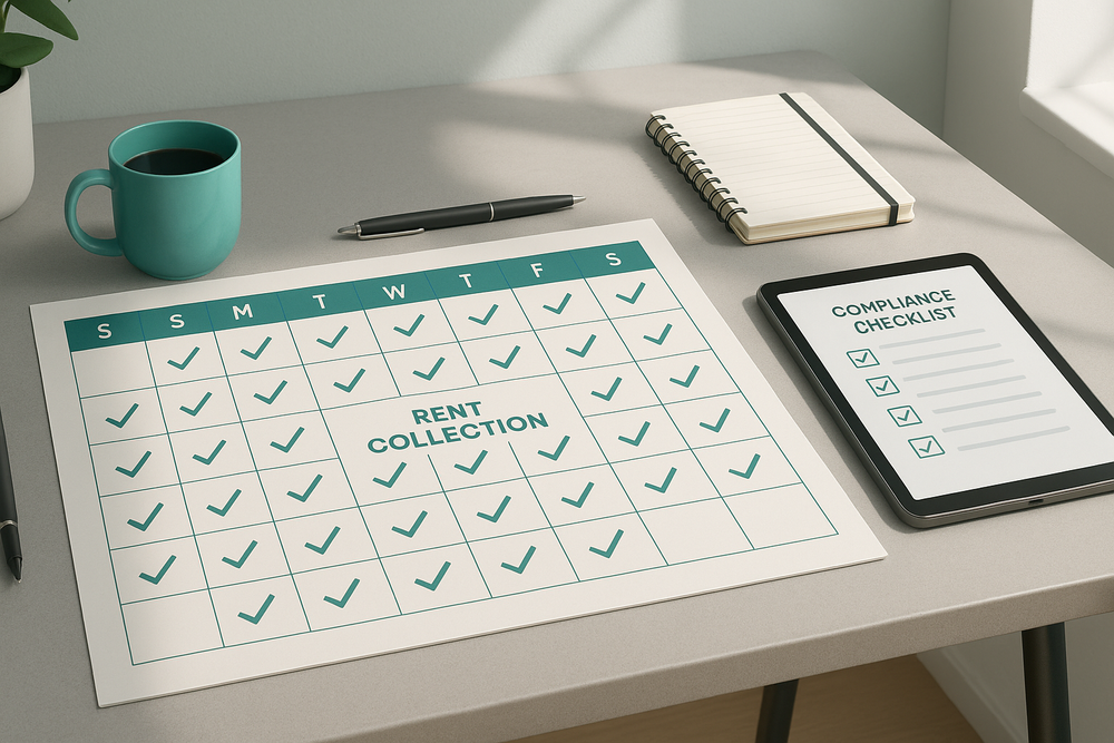 Modern office desk with bilingual Québec rent collection dashboard showing completed tasks, Canadian coins, and a small plant