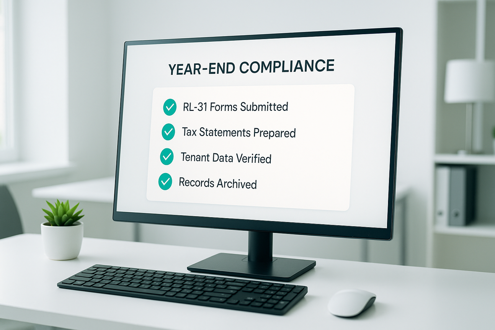 Modern office desk with a digital dashboard showing completed year-end checklist including RL-31 forms