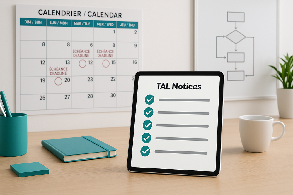 Organized desk with bilingual calendar showing TAL notice deadlines and tablet displaying completed automation checklist